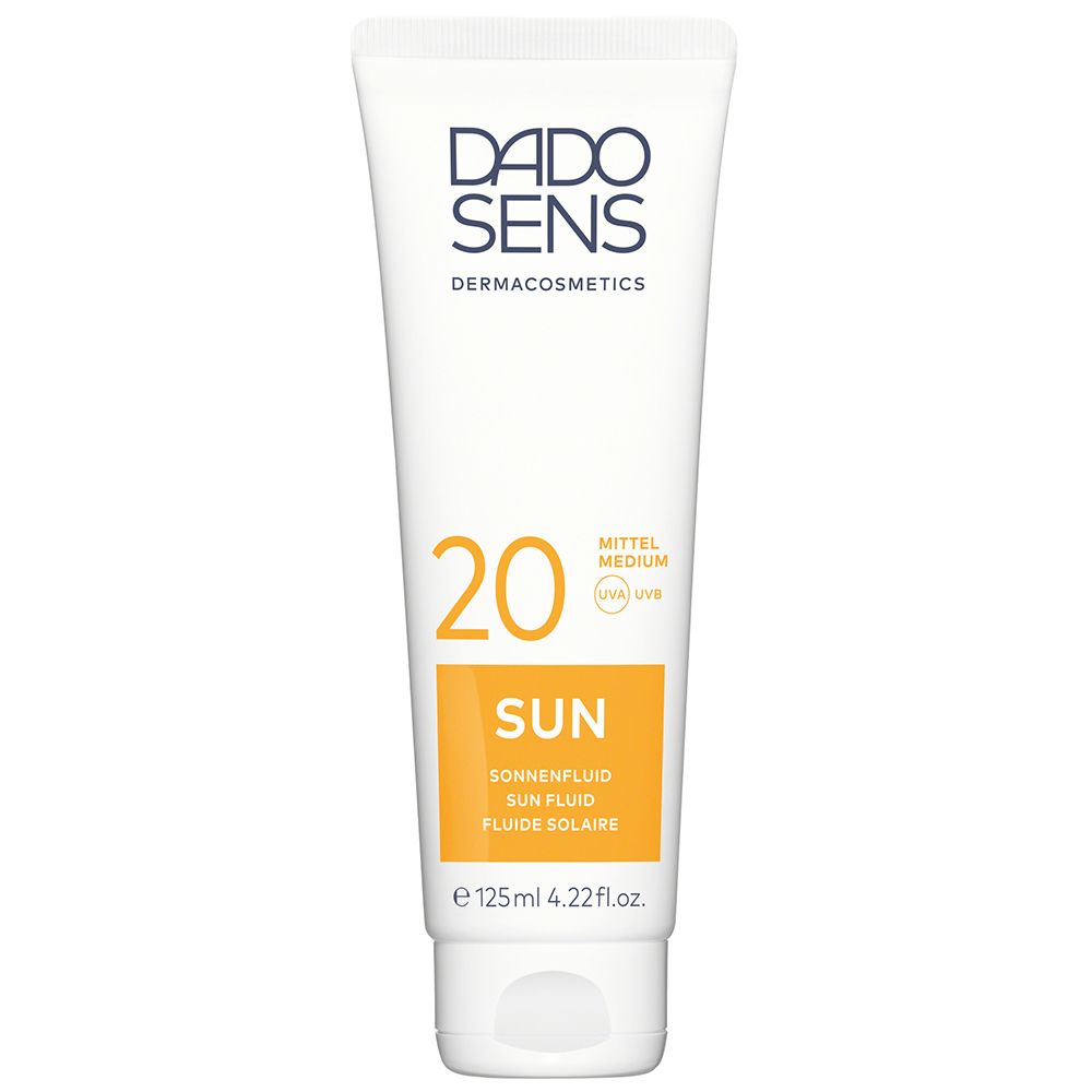 Tube blanche de DADO SENS Sonnenfluid LSF 20. Bande jaune avec informations produit. 125ml.