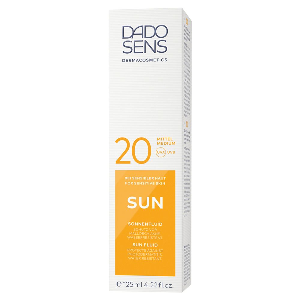 DADO SENS Sonnenfluid LSF 20 en emballage. Boîte blanche avec bande jaune et informations produit. 125ml.