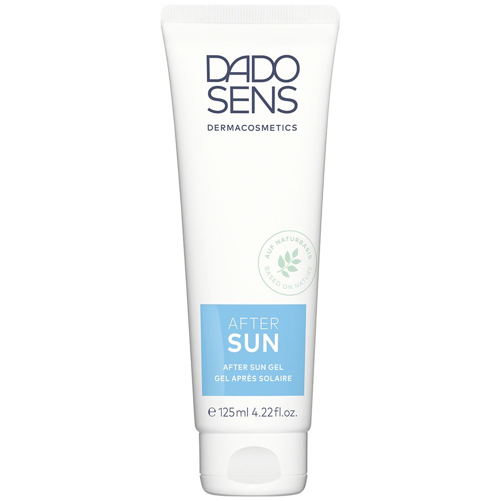 Witte tube met blauw etiket. Opschrift: DADO SENS, After Sun Gel. Bevat 125ml.