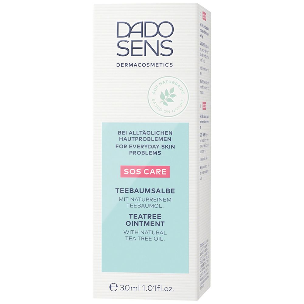 Verpakking DADO SENS SOS CARE Teebaumsalbe. Tekst: Voor dagelijkse huidproblemen. Teatree Ointment.