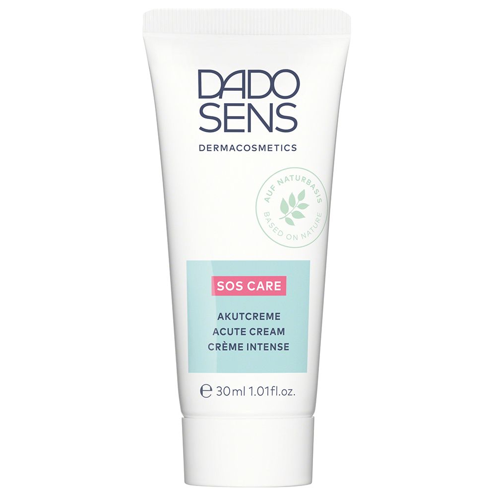 Witte tube DADO SENS SOS CARE Akutcreme. Opschrift: Akutcreme, Crème Intense. 30ml.