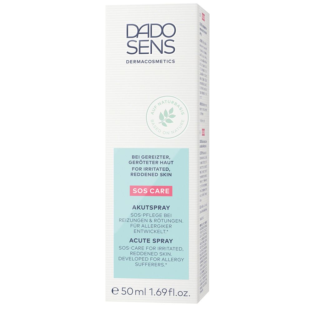 Witte verpakking met productinformatie. Opschrift: DADO SENS, SOS CARE, Akutspray. 50ml.