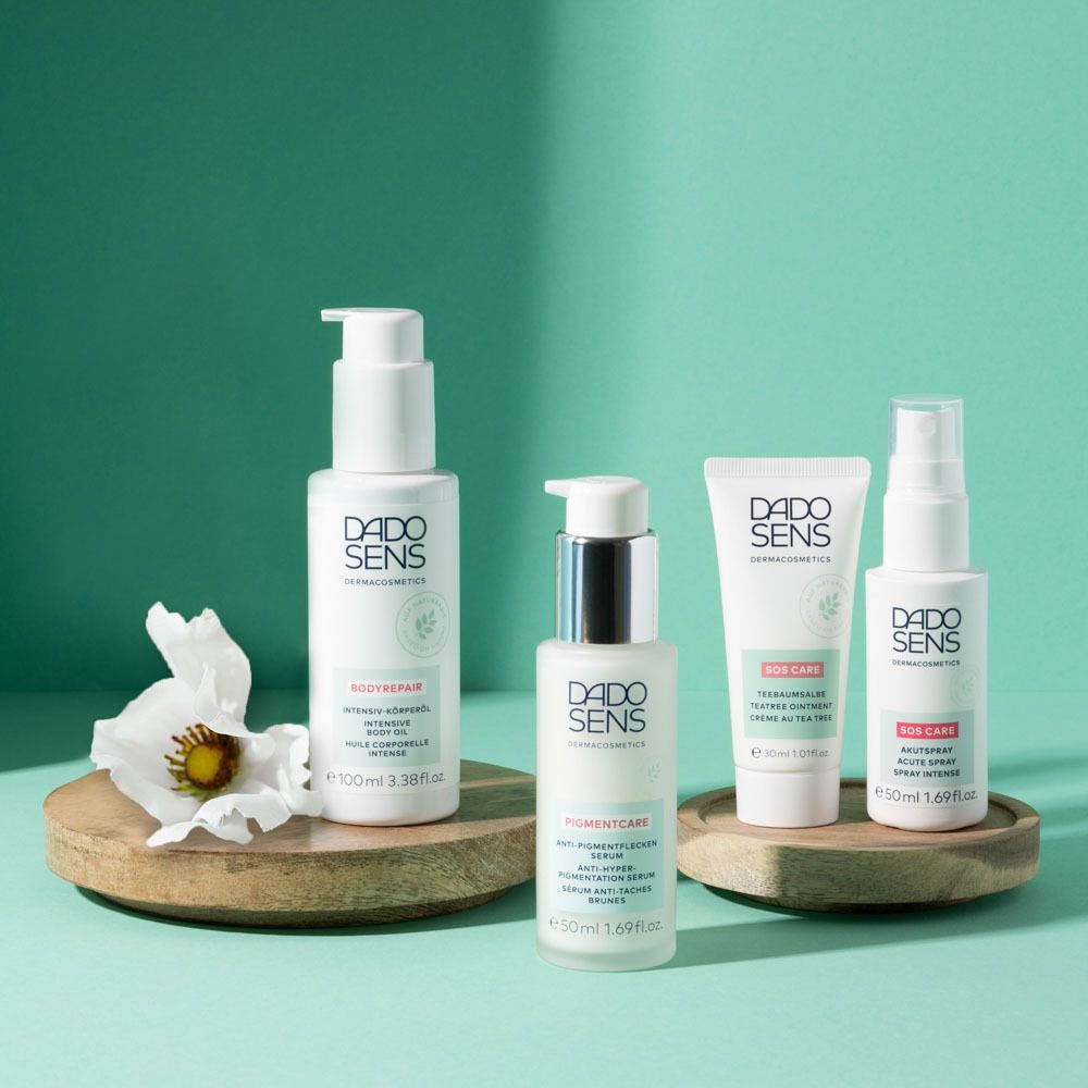 Verschillende producten: lotion, crème, spray. Opschrift: DADO SENS. Maten: 50ml, 100ml.