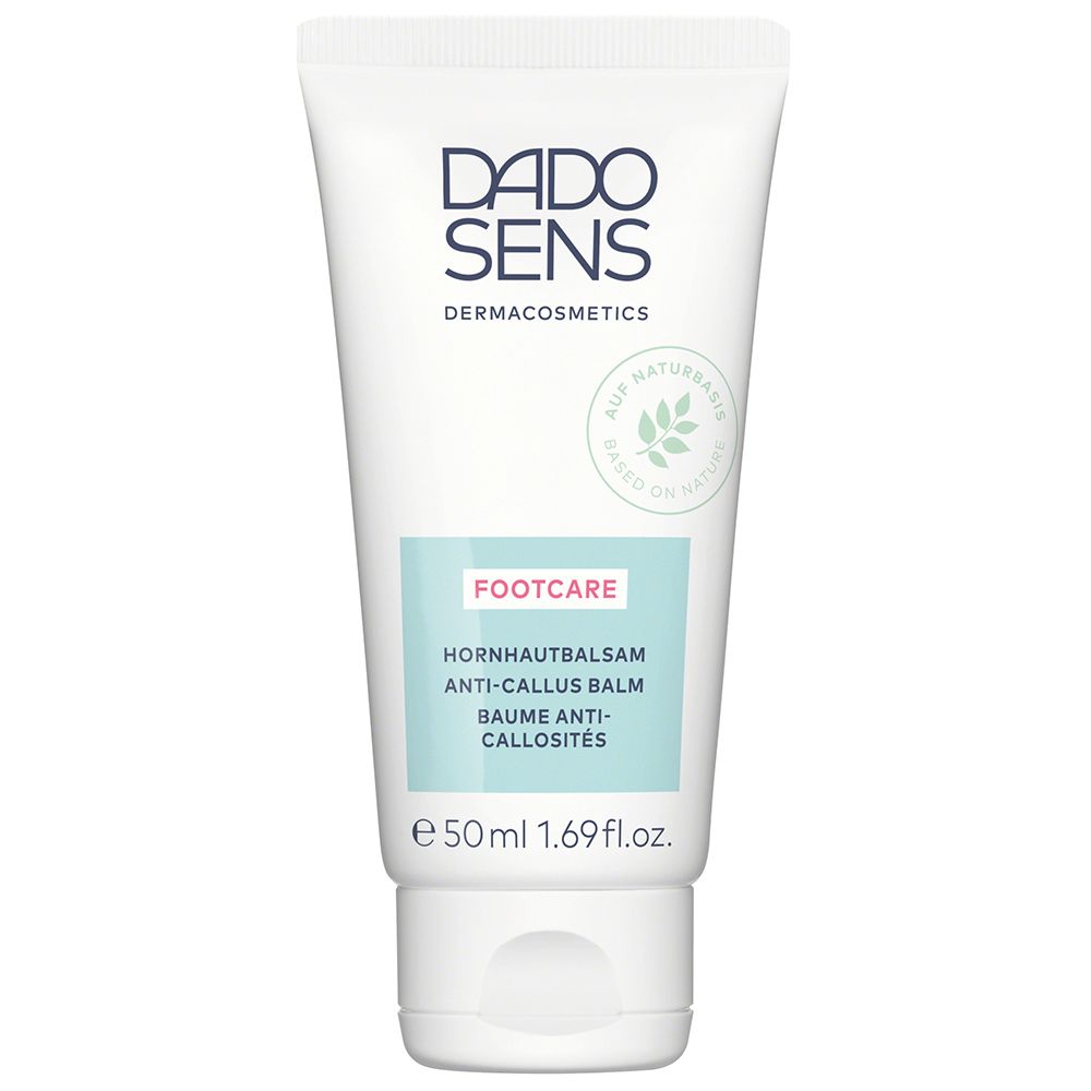 Witte tube met DADO SENS logo en FOOTCARE. Bevat eeltbalsem. 50ml.