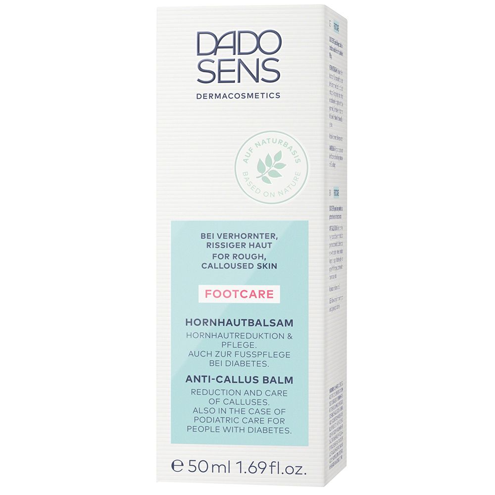 Verpakking met DADO SENS logo en FOOTCARE. Bevat eeltbalsem. 50ml. Voor ruwe, ruwe huid.