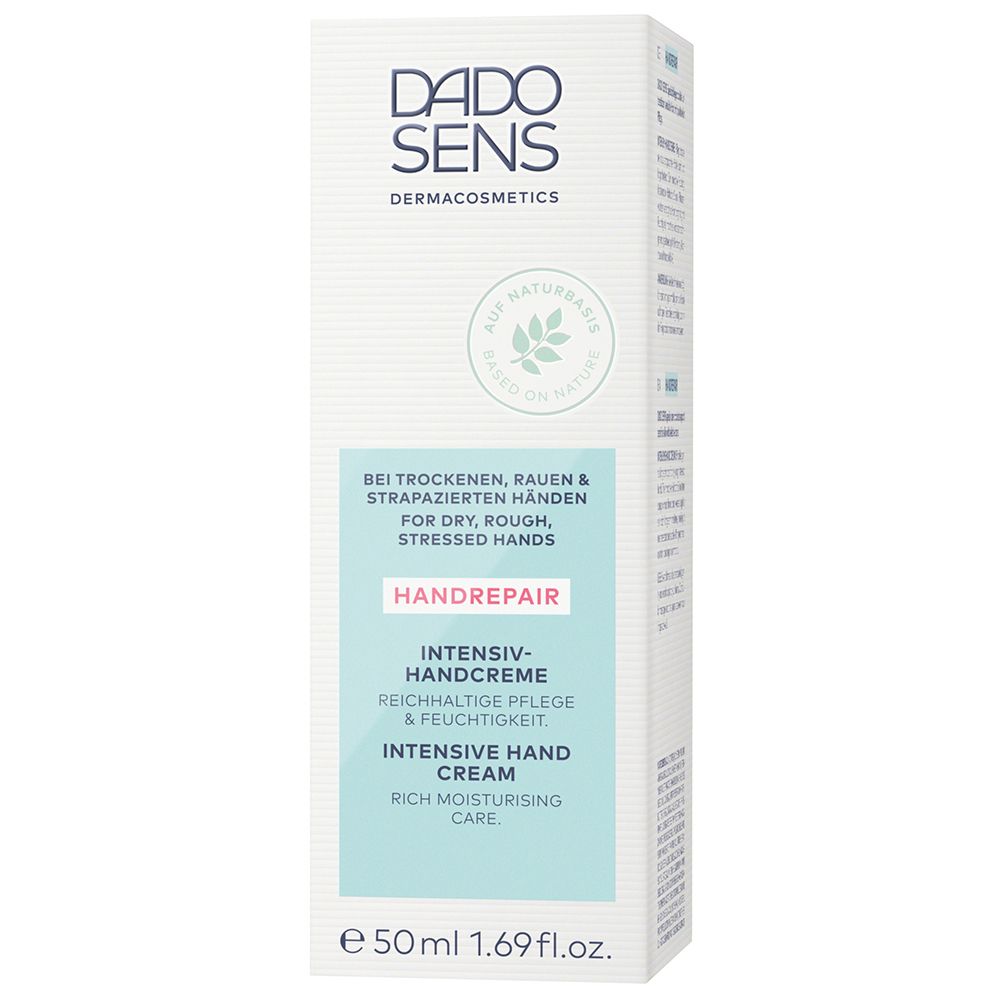Verpakking met DADO SENS Handrepair, Intensieve handcrème. Voor droge handen. 50 ml. Wit met groene accenten.