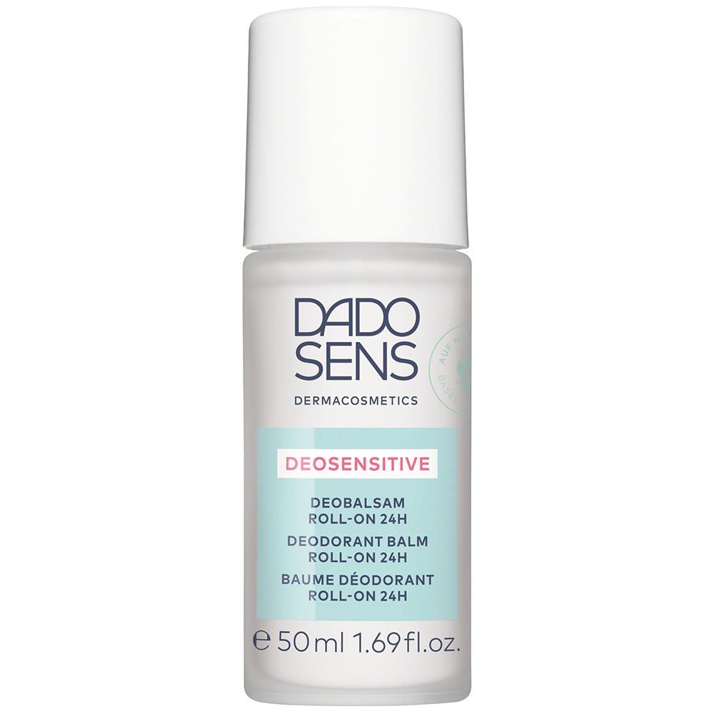 Roll-on deobalsem. Witte fles met witte dop. Tekst: DADO SENS, DEOSENSITIVE, Deobalsam Roll-on 24h.