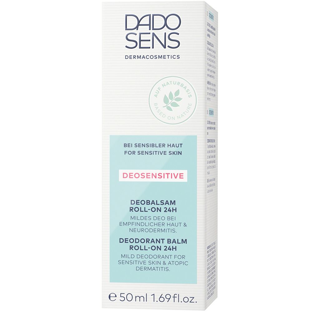 Verpakking voor deobalsem. Wit met tekst: DADO SENS, DEOSENSITIVE, Deobalsam Roll-on 24h. Voor gevoelige huid.