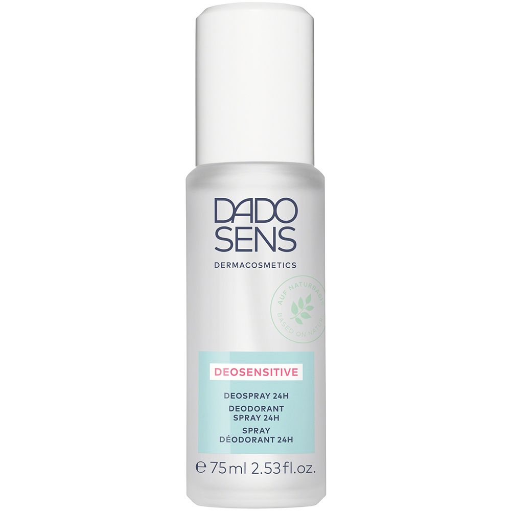 Deospray met witte dop. Opschrift: DADO SENS, DEOSENSITIVE, Deospray 24h. Volume: 75ml.