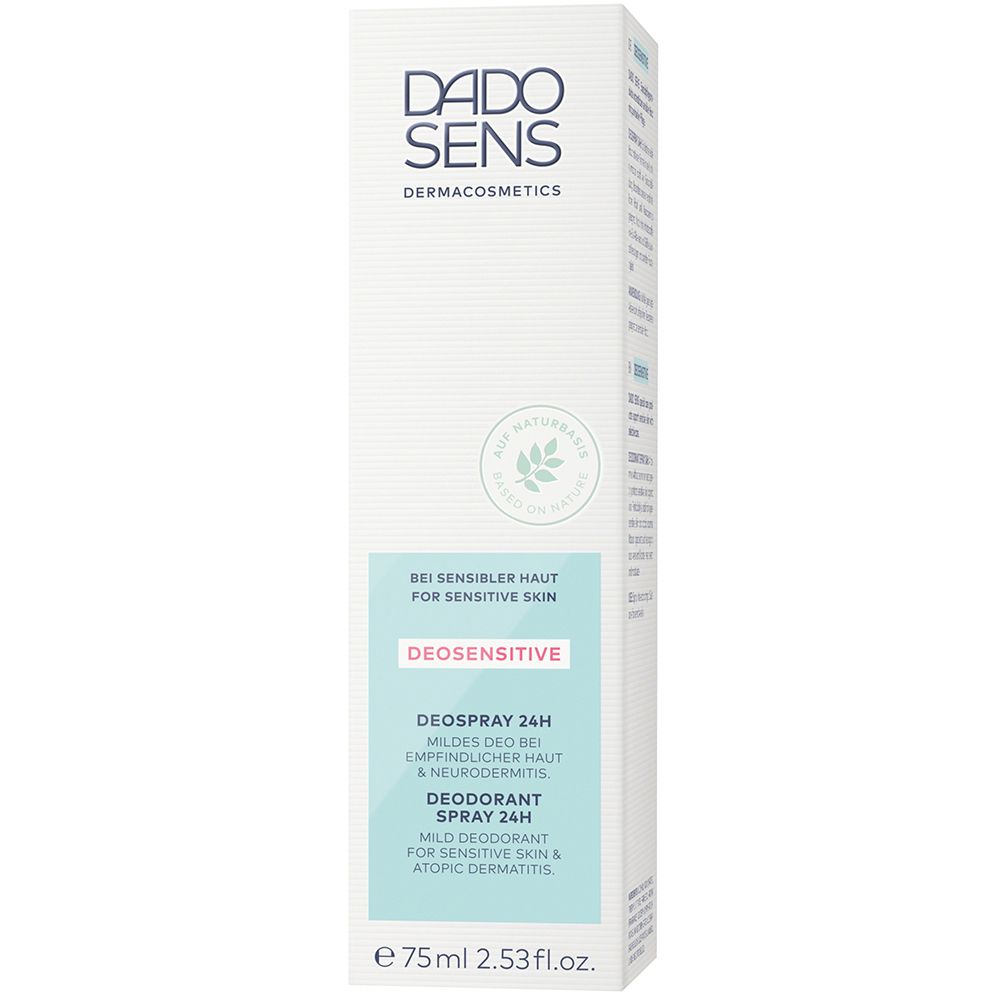 Verpakking met opschrift: DADO SENS, DEOSENSITIVE, Deospray 24h. Voor gevoelige huid. Volume: 75ml.