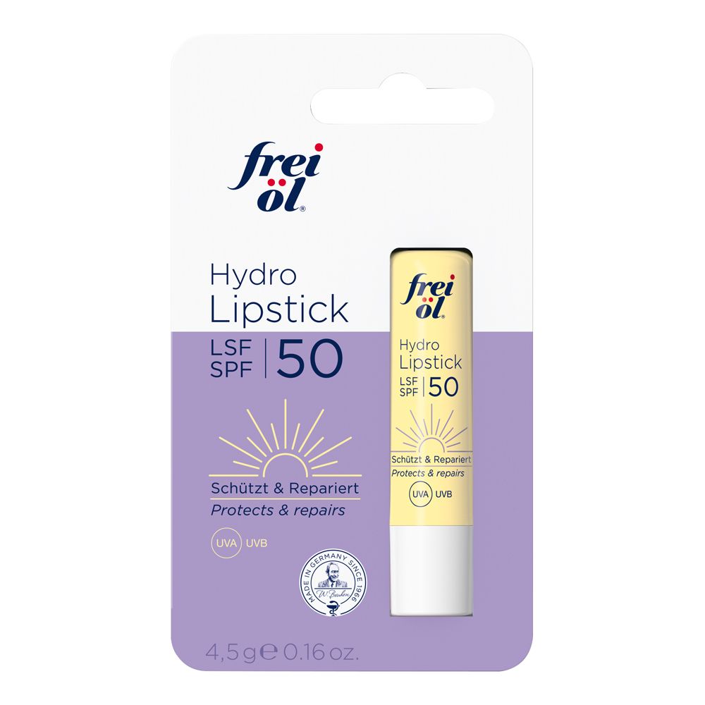 Rouge à lèvres frei öl® HydroLipid LSF 50 sous blister, avec image du produit et indications de protection et réparation.