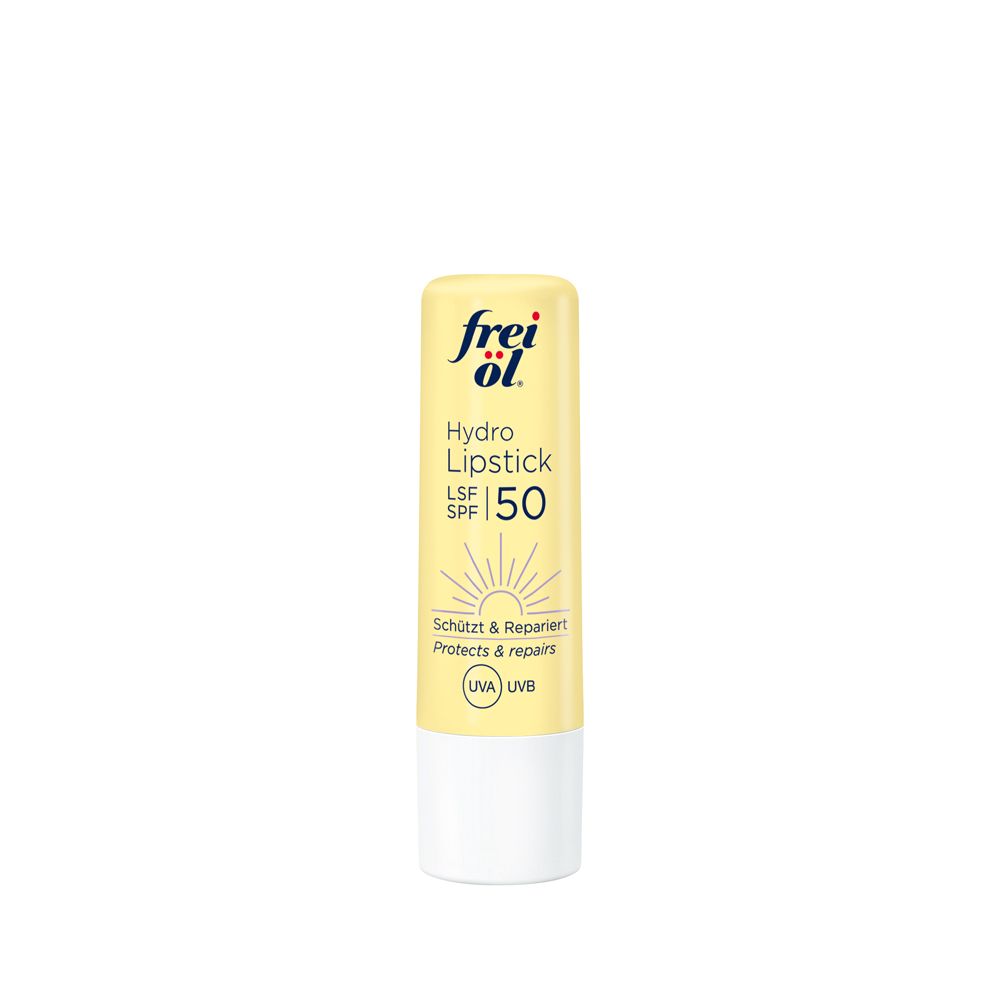 Un rouge à lèvres frei öl® HydroLipid LSF 50 individuel dans un tube jaune avec capuchon blanc, isolé.