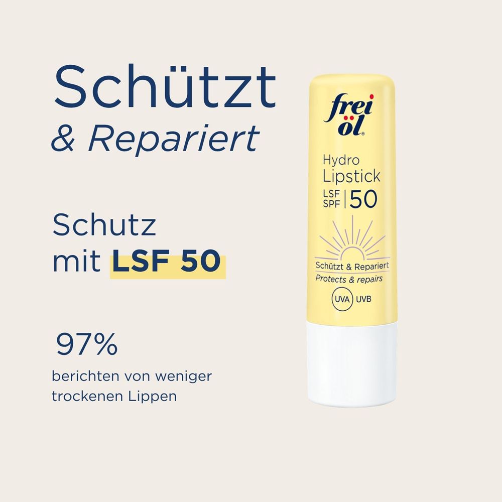 Rouge à lèvres frei öl® HydroLipid LSF 50 avec texte sur Protection & Réparation et SPF 50, et 97% de lèvres moins sèches.