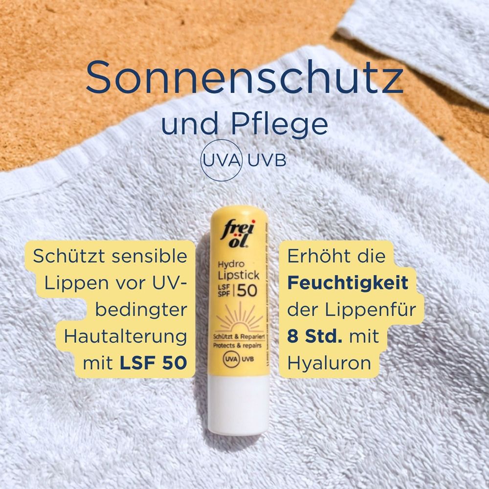 Rouge à lèvres frei öl® HydroLipid LSF 50 sur une serviette, avec texte sur protection solaire, soin et hyaluron.