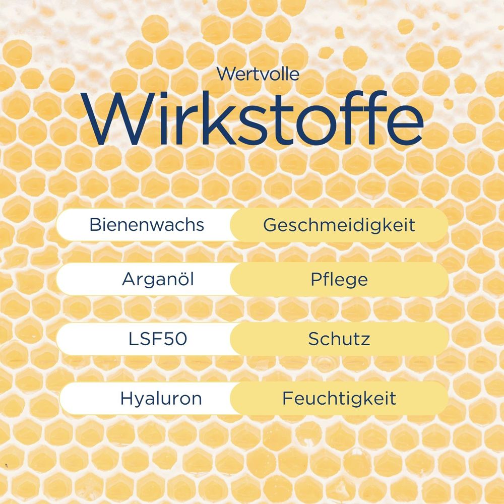 Graphique avec fond de nid d'abeille et texte sur des ingrédients actifs précieux comme la cire d'abeille, l'huile d'argan, SPF50 et hyaluron.