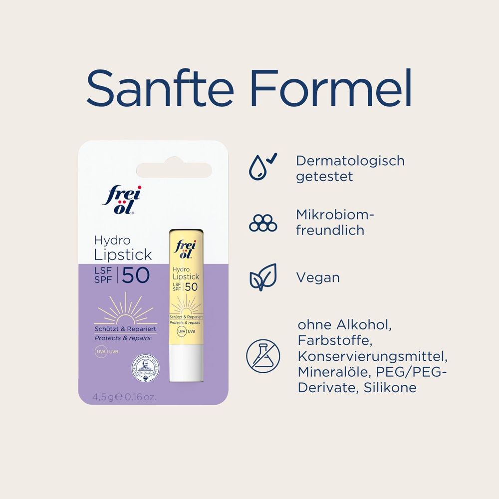 Rouge à lèvres frei öl® HydroLipid LSF 50 en blister avec icônes pour testé dermatologiquement, respectueux du microbiome et vegan.