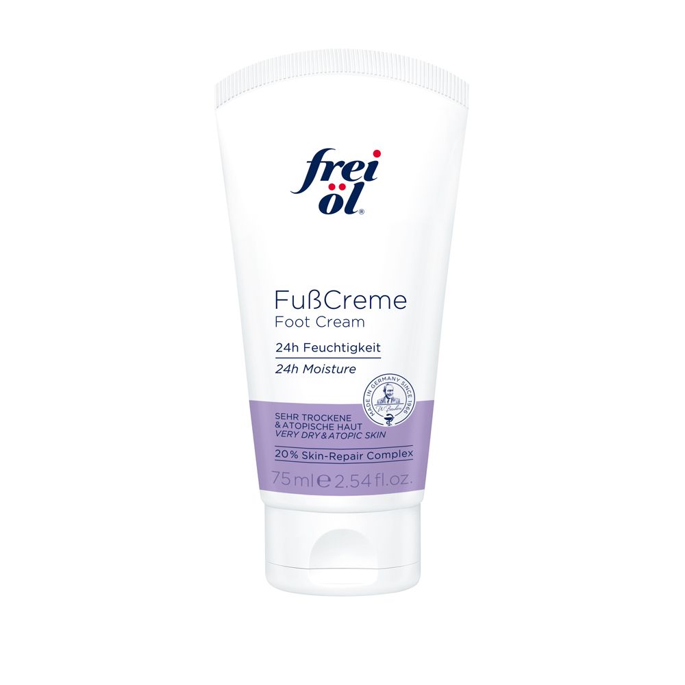 Tube blanc de frei öl® FußCreme. Texte : 24h d'hydratation, 24h Moisture. Logo et nom du produit. Accent violet.