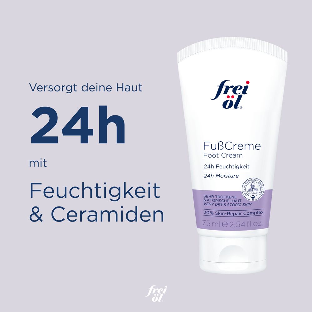 Tube frei öl® FußCreme. Texte : 24h d'hydratation et céramides. Logo et nom du produit. Fond violet.