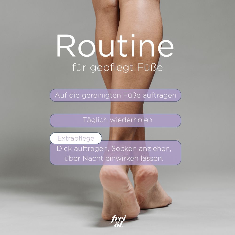 Texte : Routine pour des pieds soignés. Étapes d'application : Appliquer, répéter, soin supplémentaire. Pieds en image.