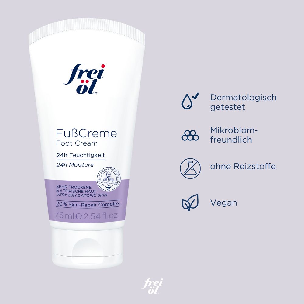 Tube blanc frei öl® FußCreme. Texte : 24h d'hydratation, 24h Moisture. Testé dermatologiquement, végétalien.