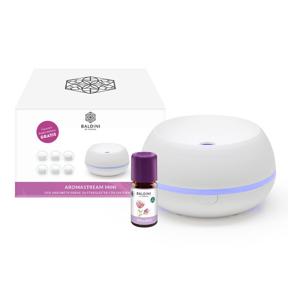 Witte Aromastream Mini diffuser met paarse accenten, flesje etherische olie en verpakking. Merk: BALDINI.