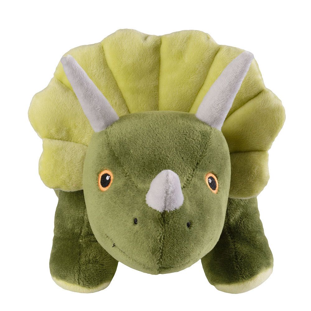Peluche Tricératops vert. Collerette vert clair, cornes grises. Yeux orange. Sur fond blanc.