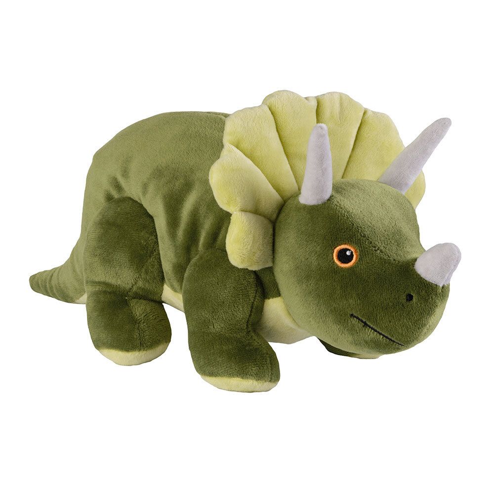 Peluche Tricératops vert. Collerette vert clair, cornes grises. Yeux orange. Sur fond blanc.