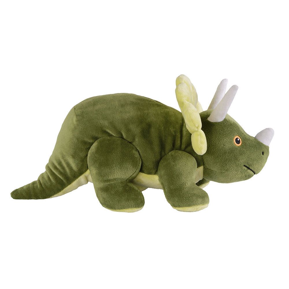 Peluche Tricératops vert. Collerette vert clair, cornes grises. Yeux orange. Sur fond blanc.
