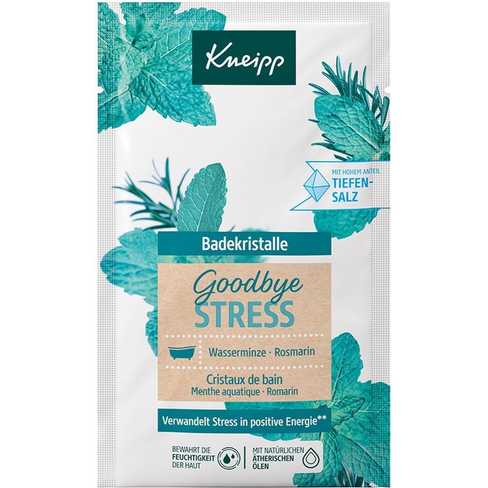 Sachet Kneipp® Badekristalle Goodbye Stress. Image du produit et texte. Contient menthe aquatique et romarin.
