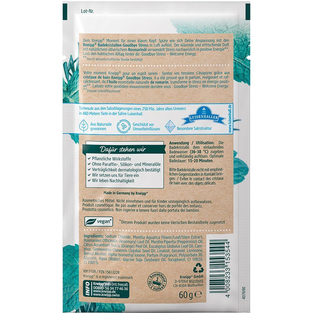 Dos du sachet Kneipp® Badekristalle Goodbye Stress. Texte sur ingrédients, utilisation et certifications.