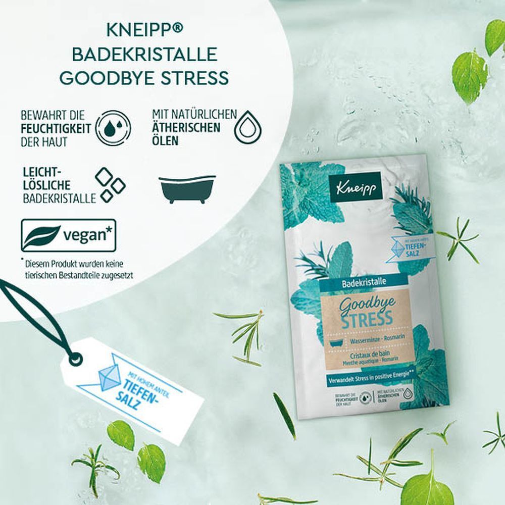 Kneipp® Badekristalle Goodbye Stress. Emballage avec texte et illustrations. Label vegan et indication sel profond.
