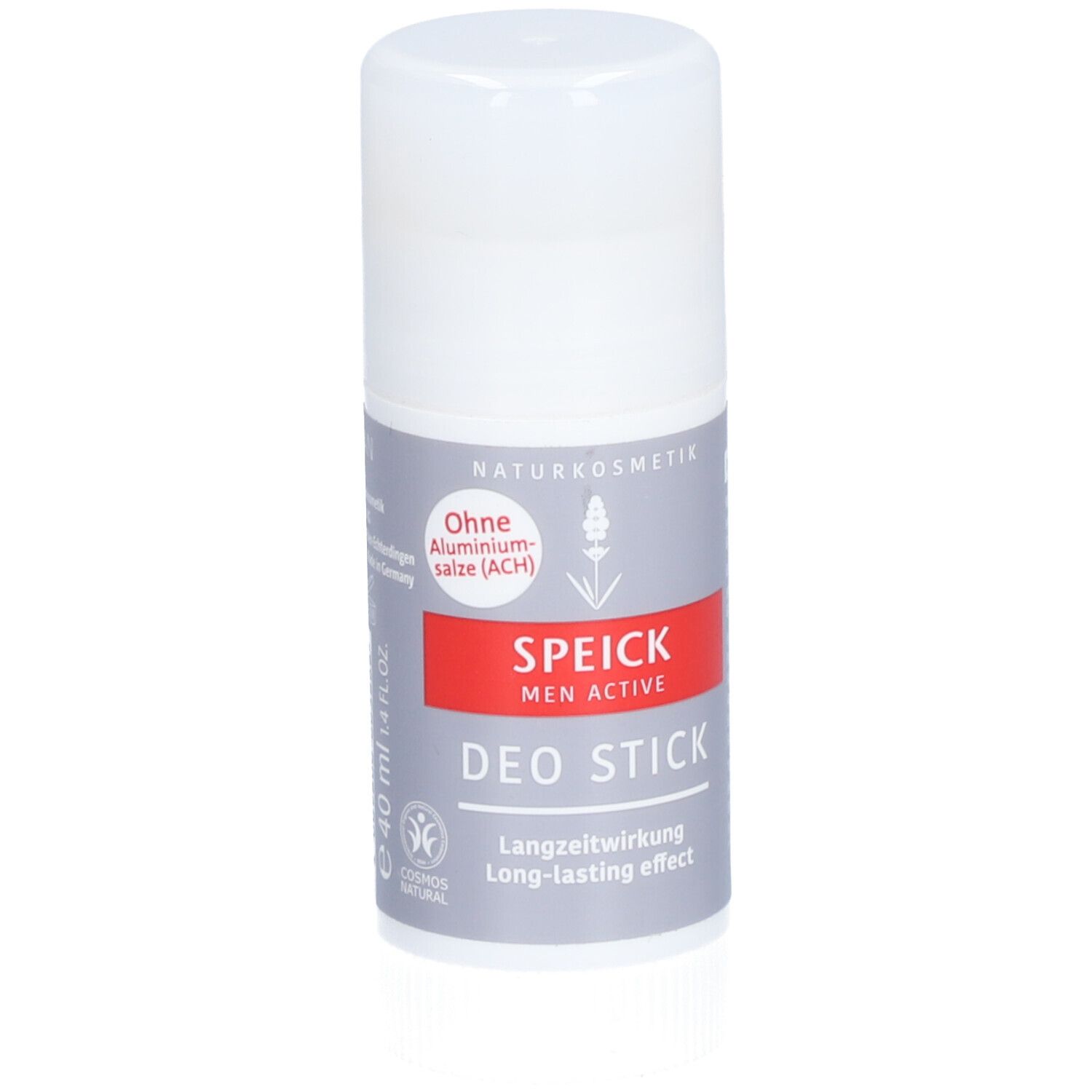 Stick déodorant. Récipient blanc avec étiquette grise et rouge. Texte: SPEICK MEN ACTIVE DEO STICK. 40 ml. Sans sels d'aluminium.
