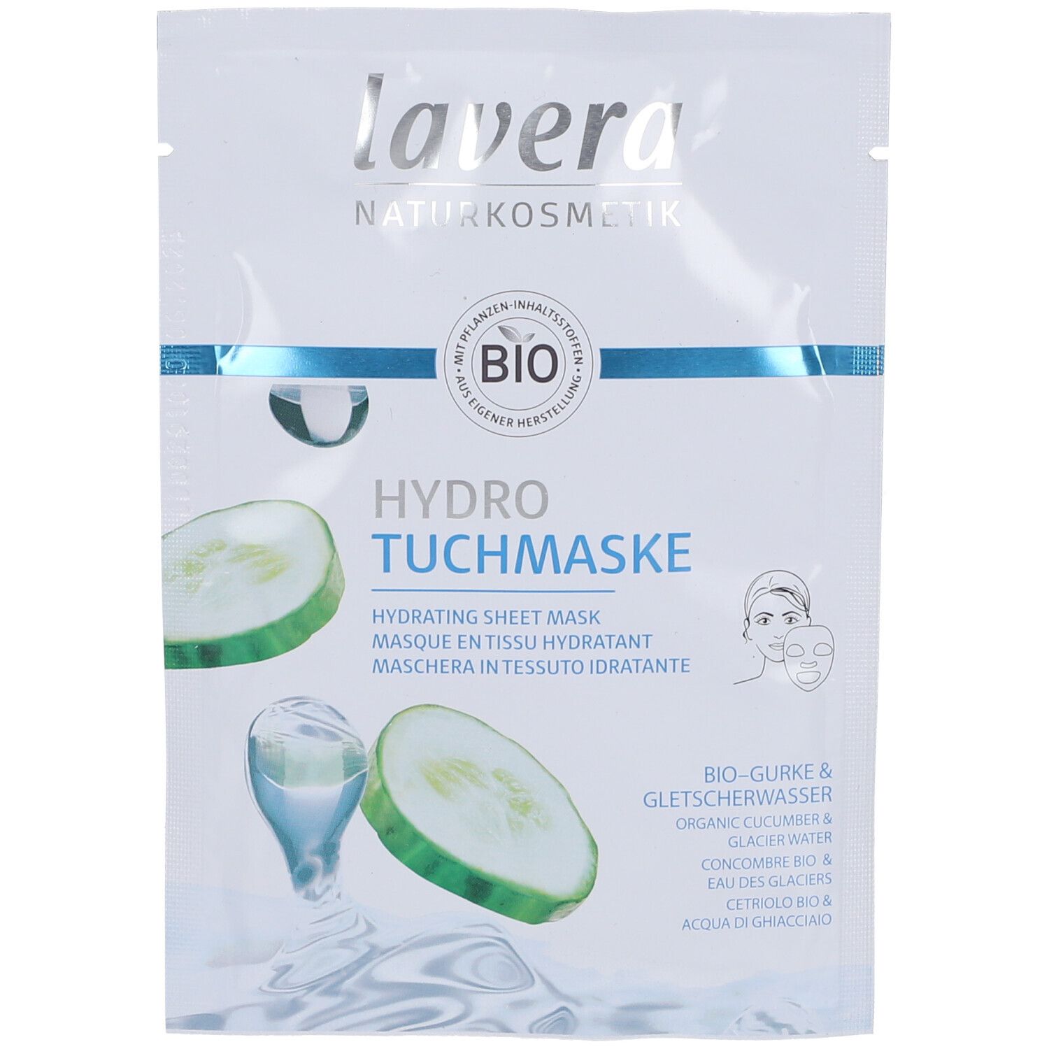 Emballage de masque facial. Blanc, accent bleu. Illustrations de concombre et glaçon. Texte : "lavera", "HYDRO TUCHMASKE", "BIO".
