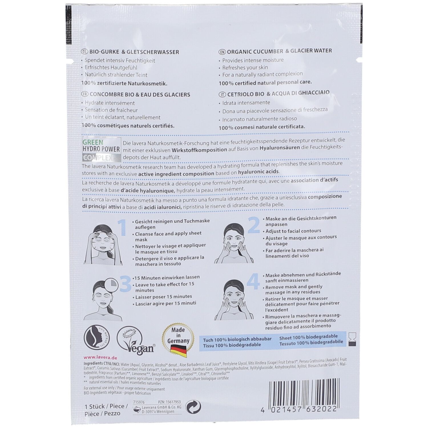 Dos de l'emballage du masque facial. Texte et illustrations. Instructions d'utilisation. Logo : "vegan". Fabriqué en Allemagne.