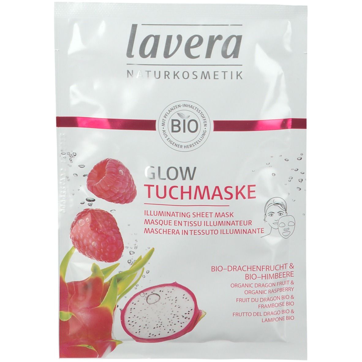 Emballage blanc avec texte rouge et framboises. Texte: lavera, BIO, Glow Tuchmaske. Illustration: visage avec masque.