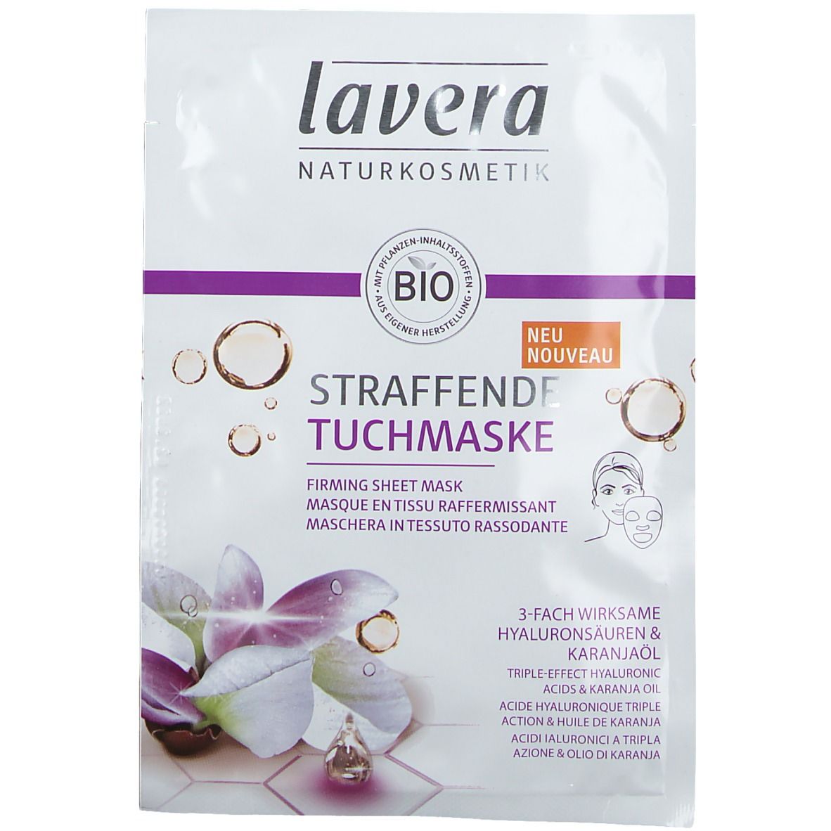 Emballage blanc avec accents violets. Impression: marque, nom du produit, label bio, illustrations et informations.