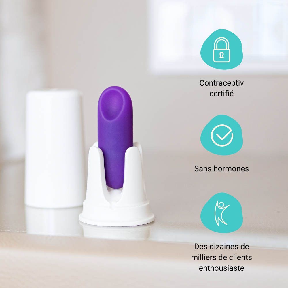 Capteur violet. Icônes circulaires avec texte : détermination précise, méthode symptothermique, discret.