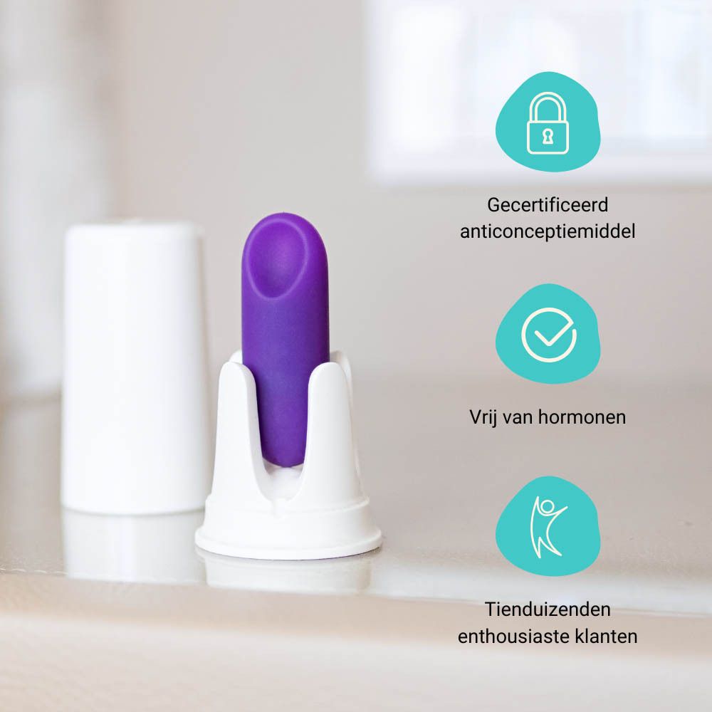 Paarse sensor. Cirkelvormige iconen met tekst: precieze bepaling, symptothermale methode, onopvallend.