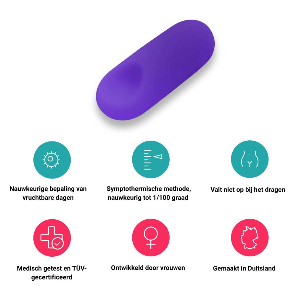 Paarse sensor in houder, witte container, daarnaast tampon en sensor. Achtergrond: bloemen.