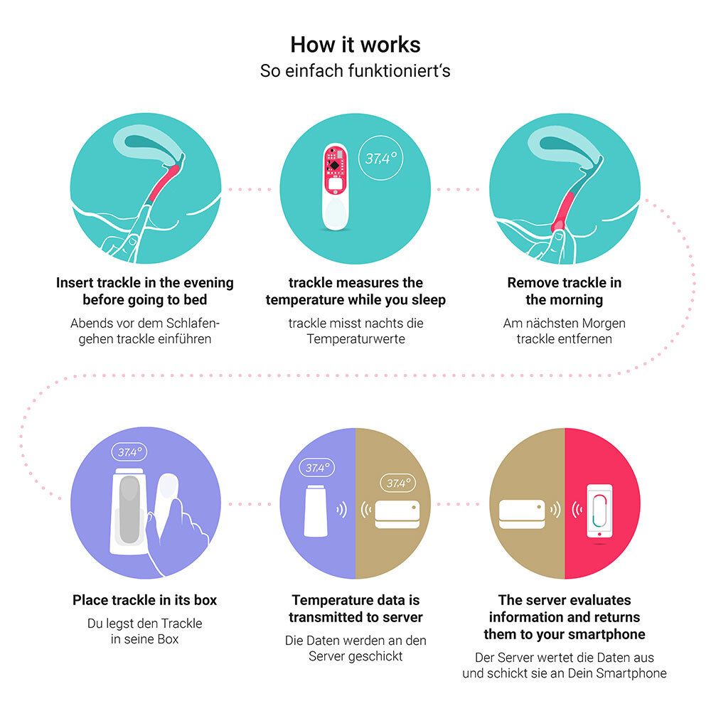 Grafiek: gebruik van de sensor. Stappen: invoegen, meten, verwijderen, in doos plaatsen, gegevens verzenden, evalueren.