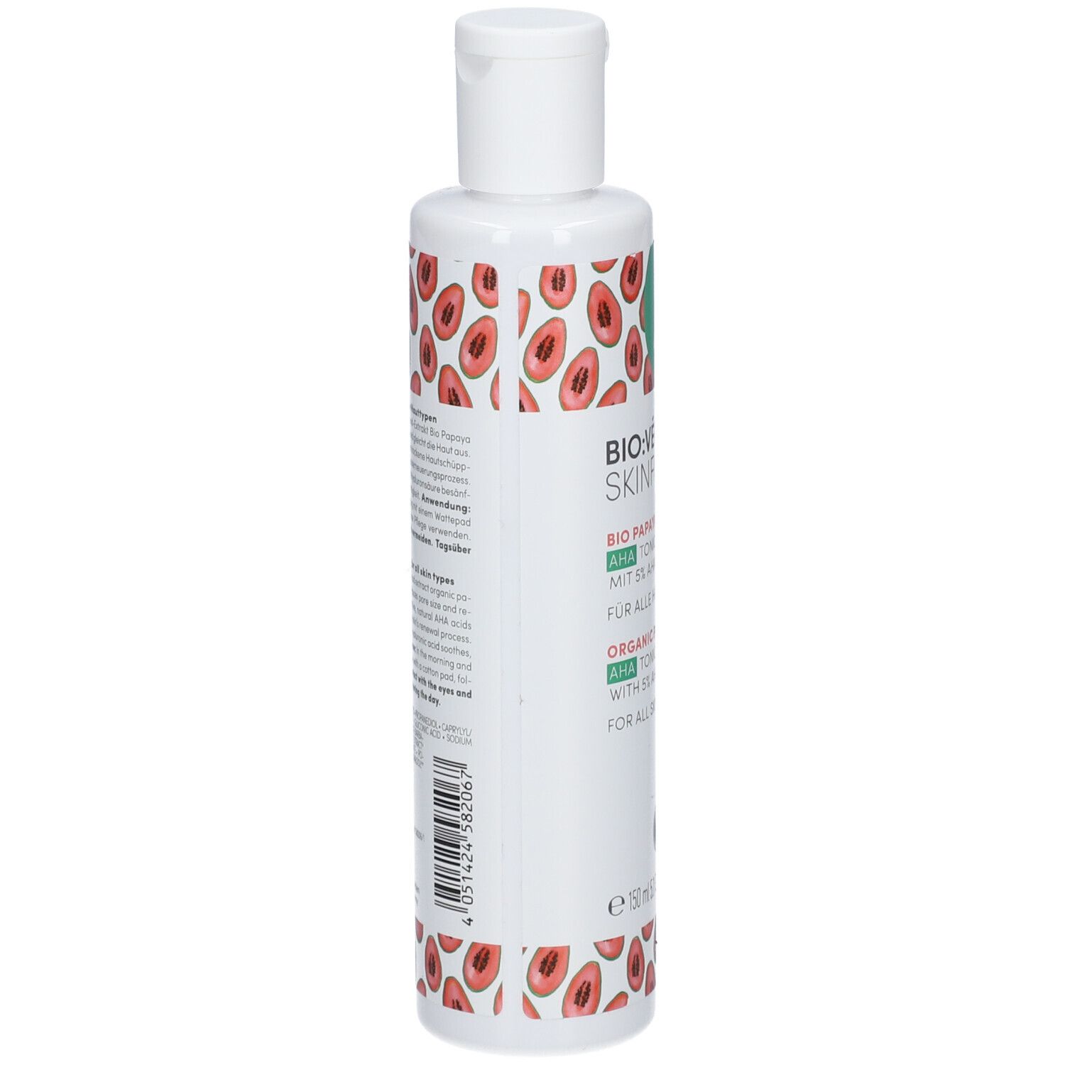 Bouteille blanche à motif papaye. Contient des informations produit et un code-barres.