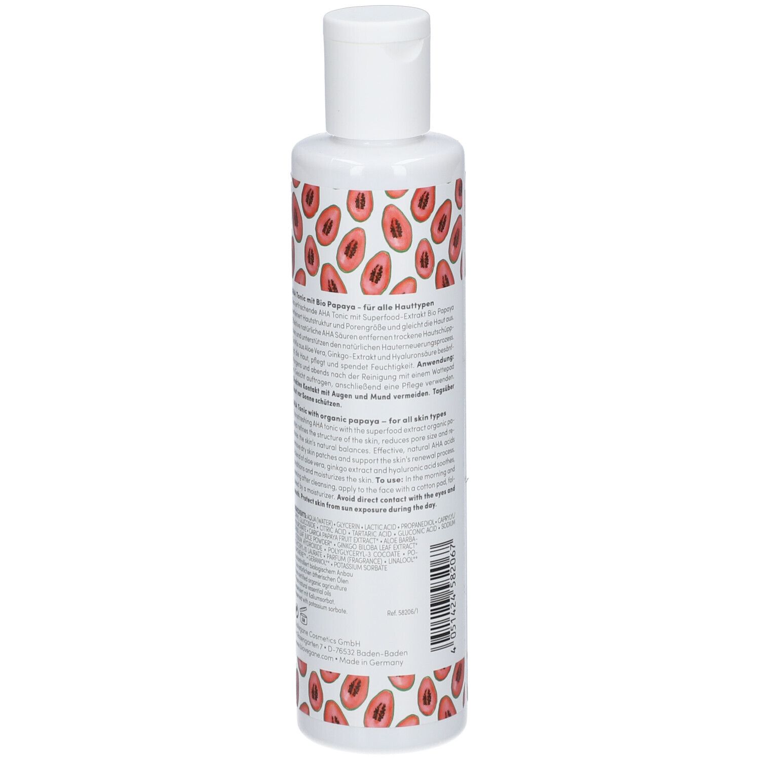 Arrière d'une bouteille blanche à motif papaye. Contient des informations détaillées sur le produit.
