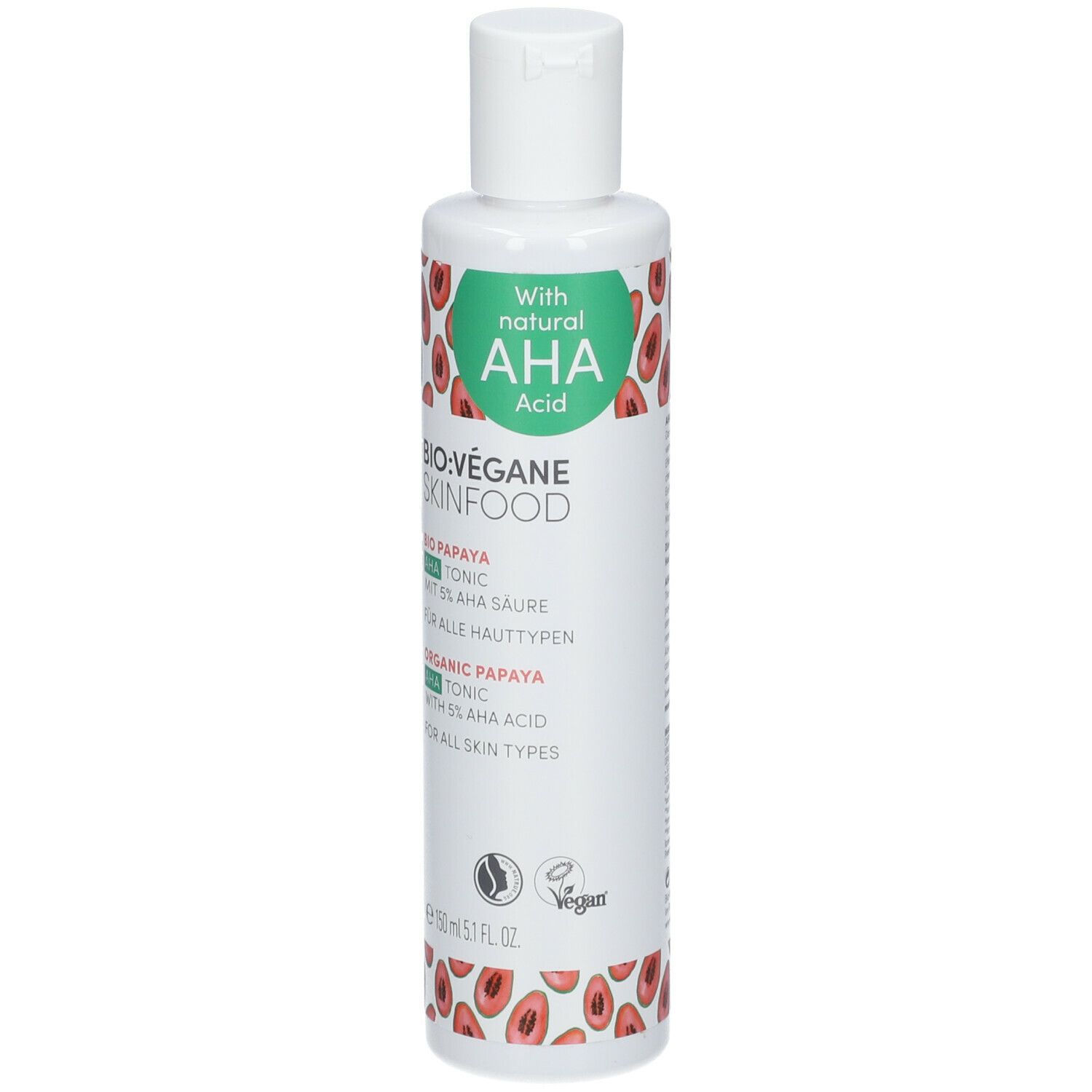 Bouteille blanche à motif papaye. Façade avec nom du produit et mention d'acide AHA.