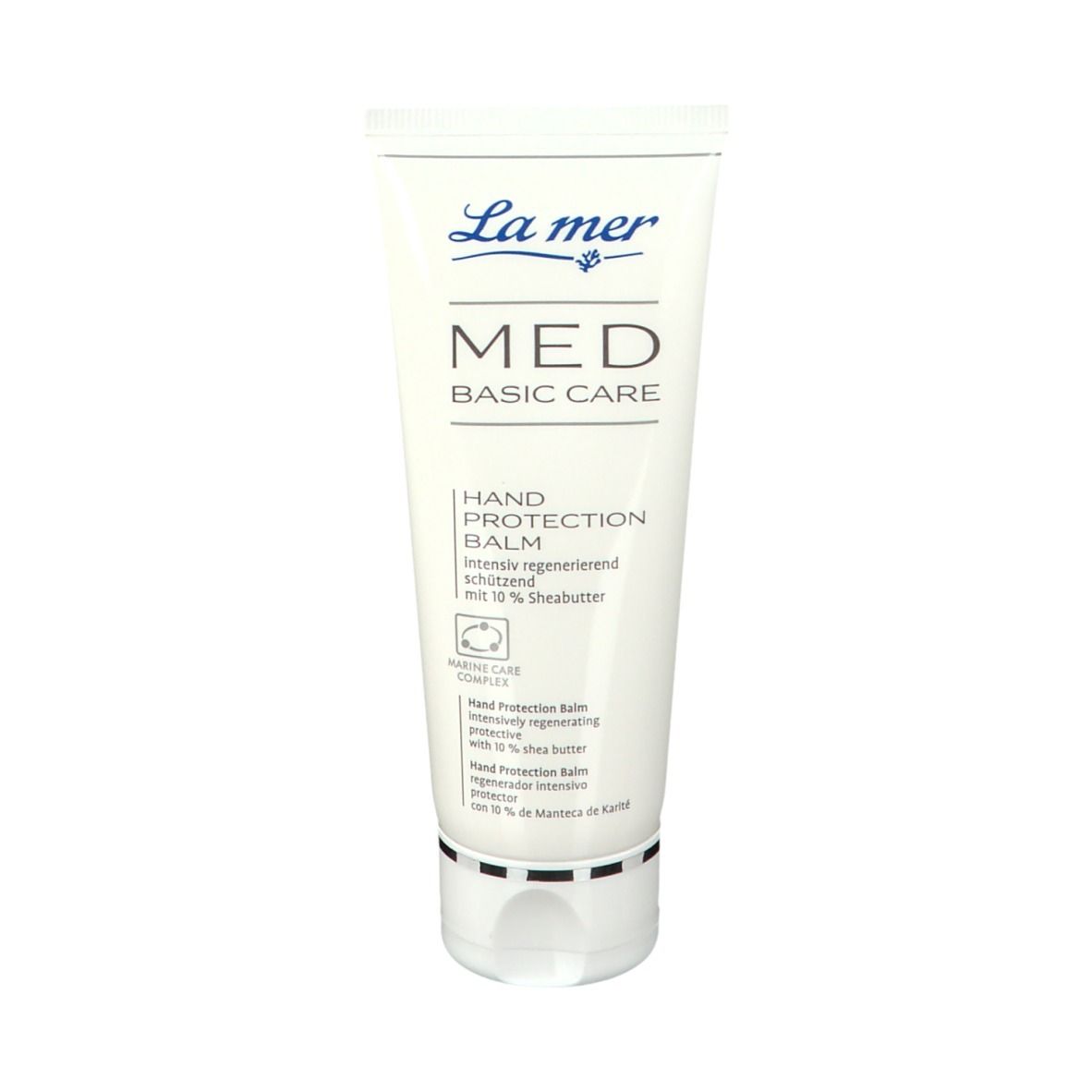 Witte tube La mer MED Basic Care Hand Protection Balm. Tekst in Duits en Engels. Met 10% sheaboter.