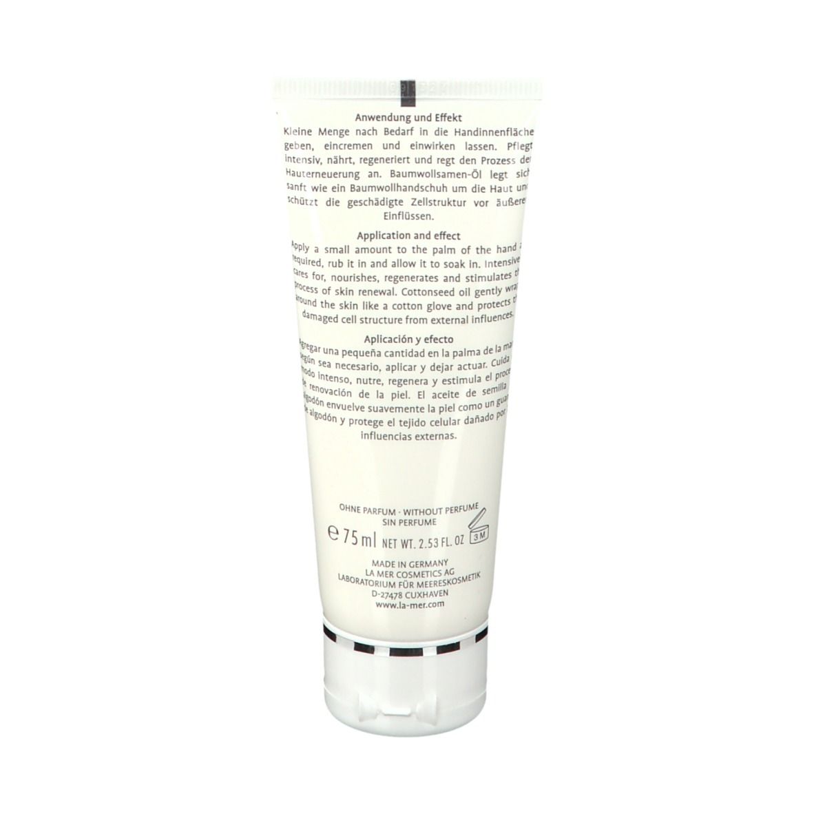 Achterkant van de tube. Tekst over gebruik en ingrediënten. Zonder parfum. 75 ml. Gemaakt in Duitsland.