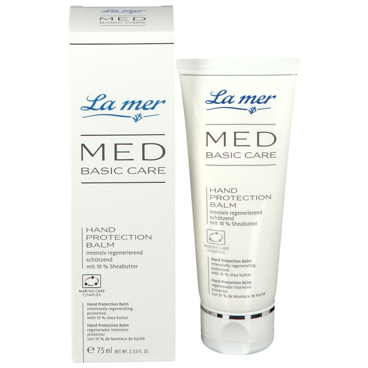 Productverpakking met tube en doos. La mer MED Basic Care Hand Protection Balm. Met 10% sheaboter. 75 ml.