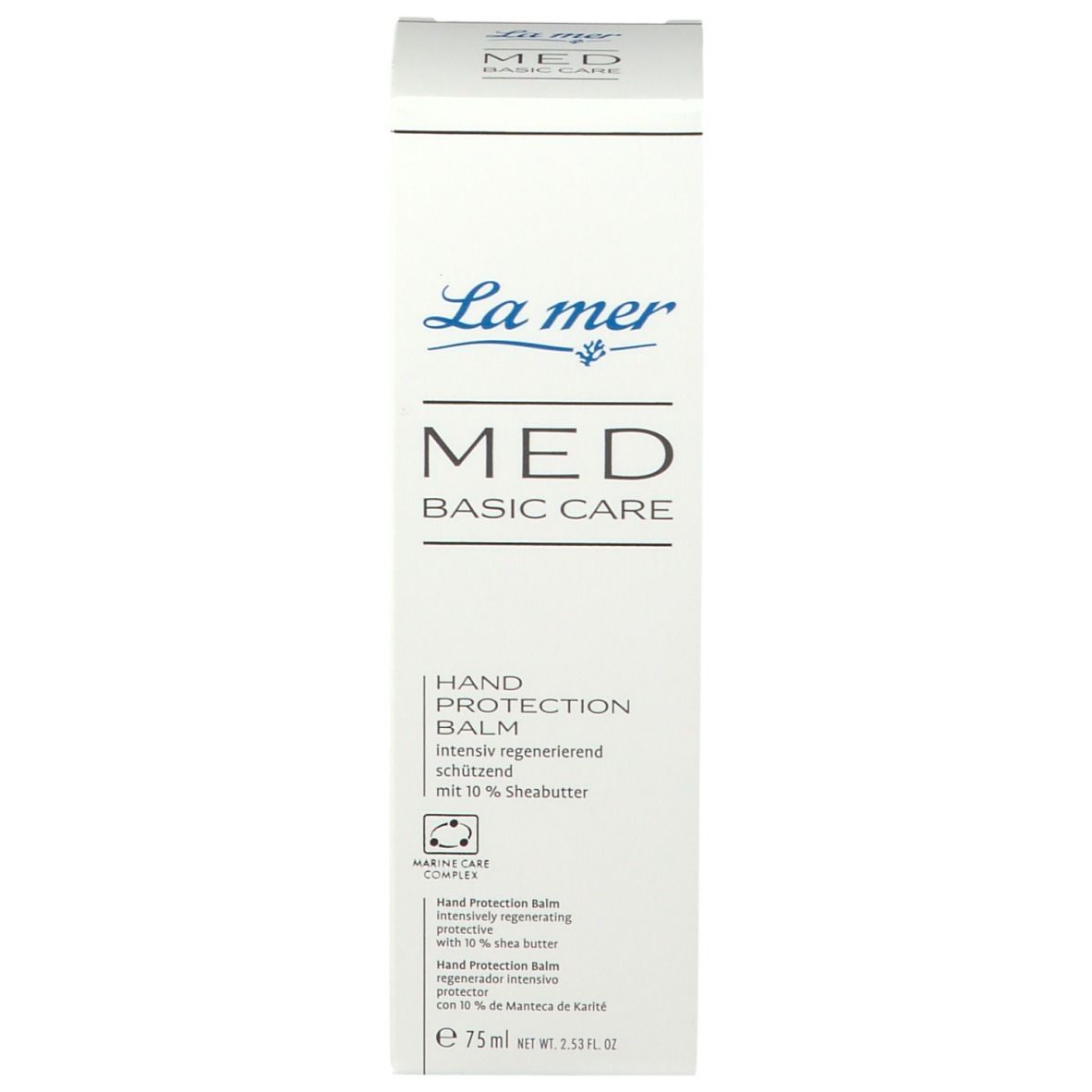 Kartonnen verpakking. La mer MED Basic Care. Hand Protection Balm. Met 10% sheaboter. 75 ml. Marine Care Complex.