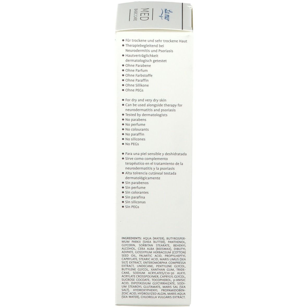 Kartonnen verpakking. Tekst over eigenschappen en ingrediënten. Zonder parfum, kleurstoffen, siliconen, paraffines en PEGs.