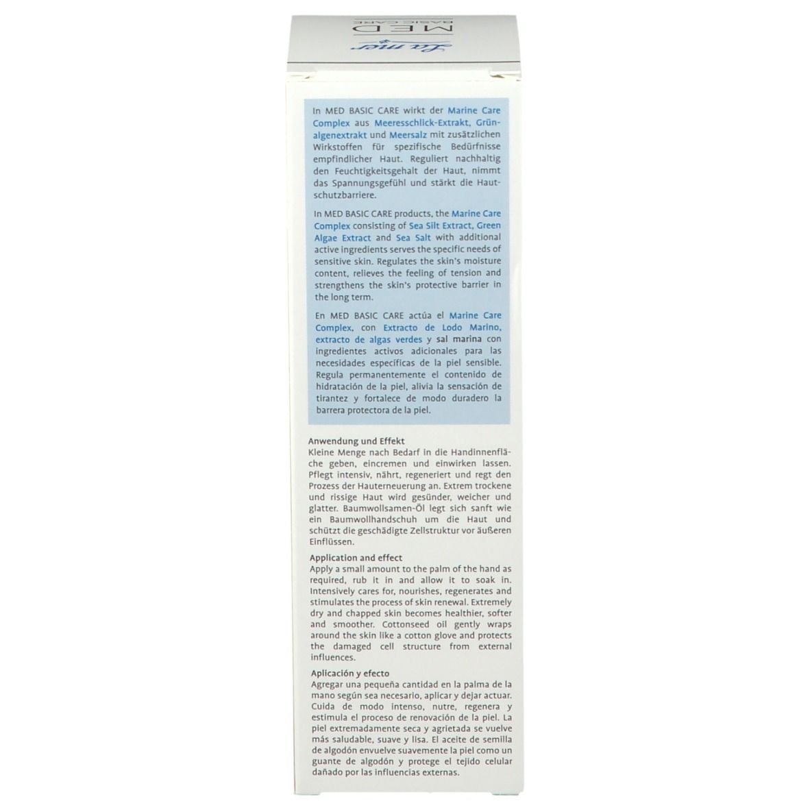 Kartonnen verpakking. Tekst over Marine Care Complex. Gebruik en effect. Gebruik in het Duits, Engels en Spaans.