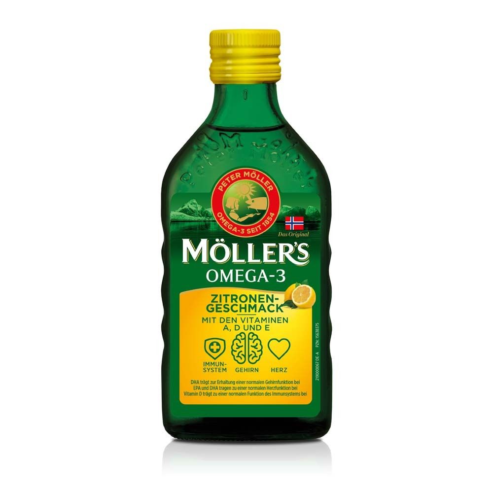 Bouteille verte à bouchon jaune. Contient Möller's Omega-3 Citron. Avec vitamines A, D et E. Goût citron.
